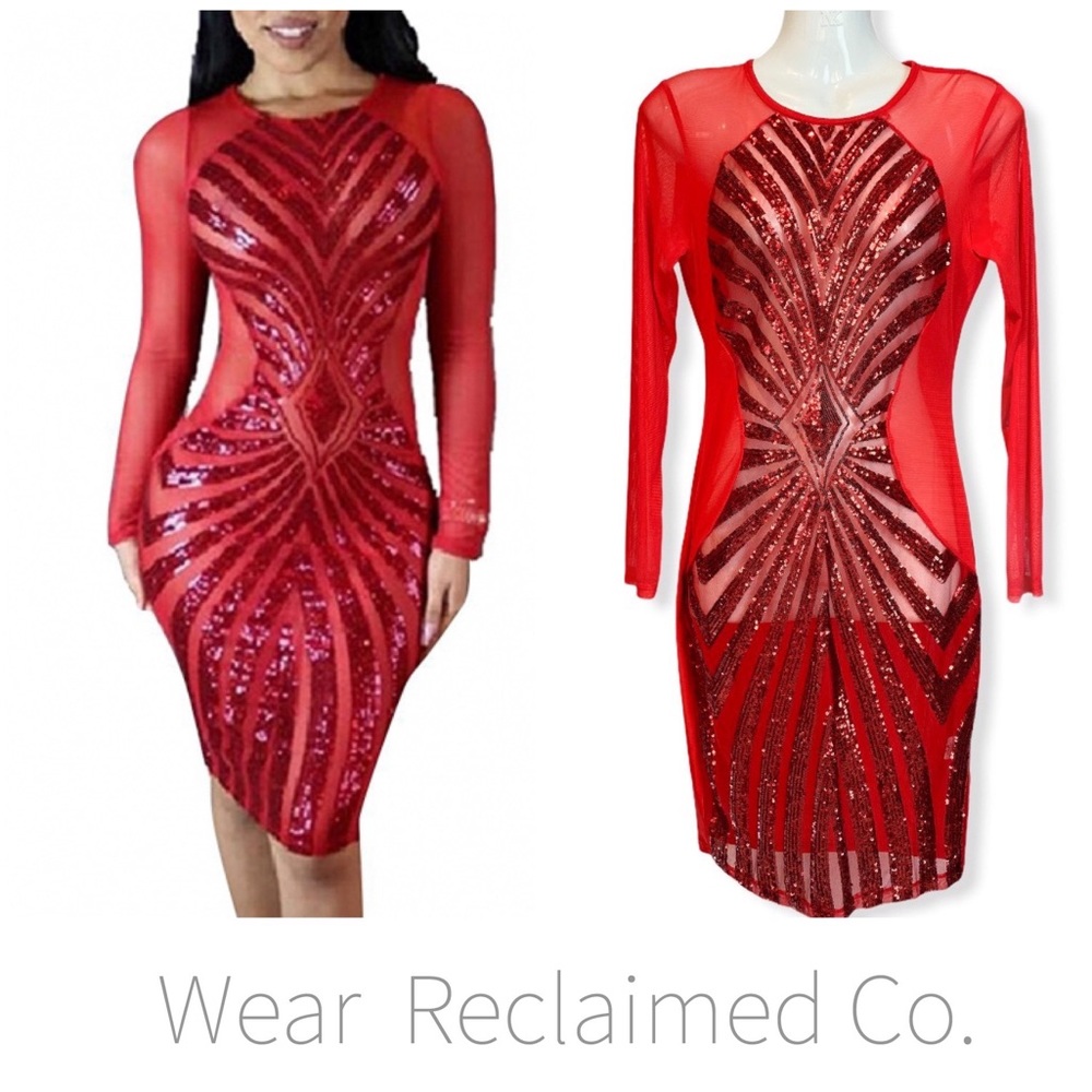 Red Sheer Mesh Geometric Bodycon Cocktail Dress